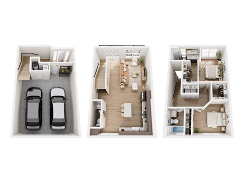Three different floor plans of a house with a garage and a living room.